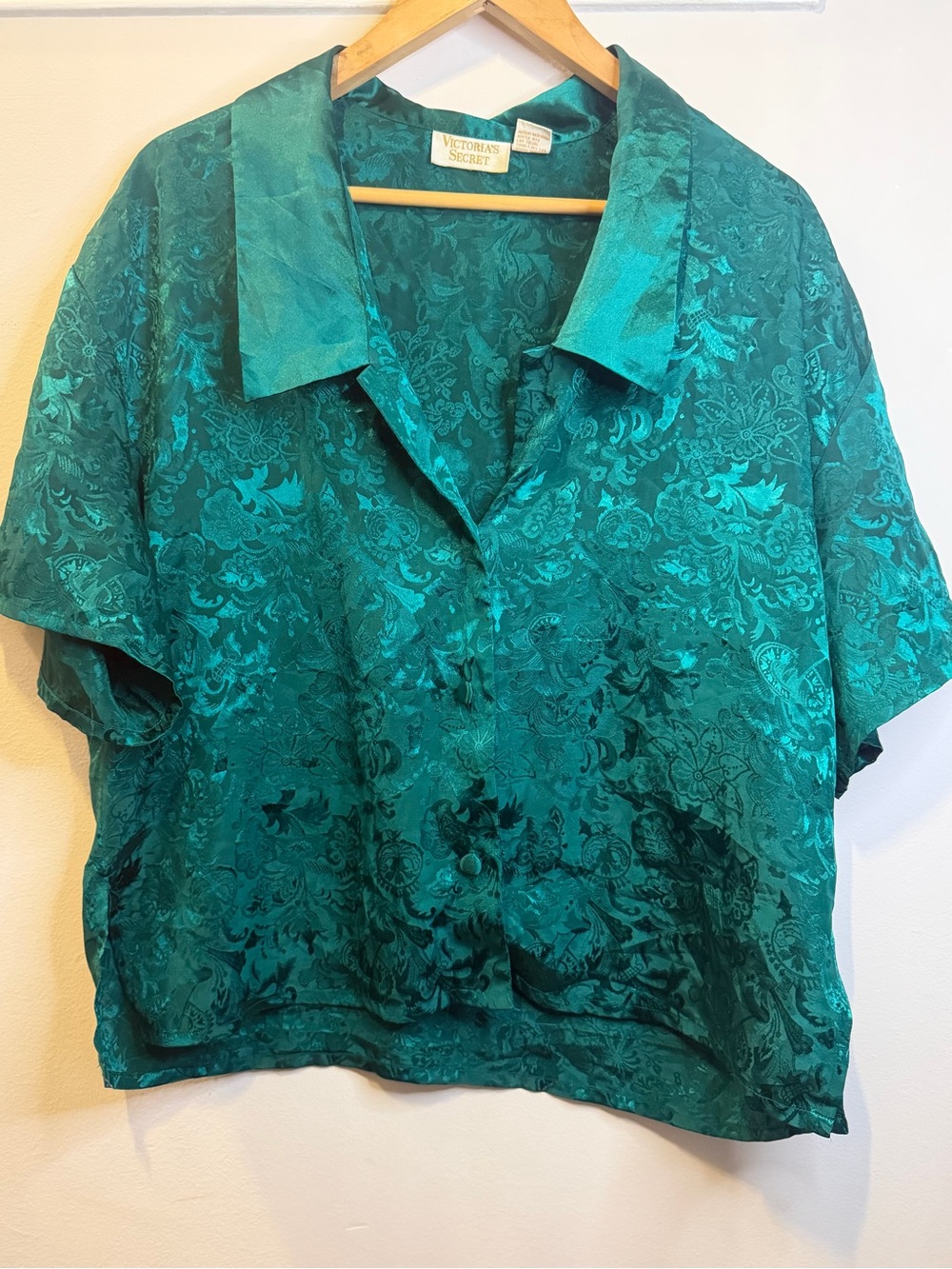 Vintage Victoria Secret Satin Floral Teal Button-Front Short Sleeve Blouse